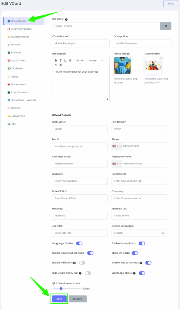 edit vcard basic details