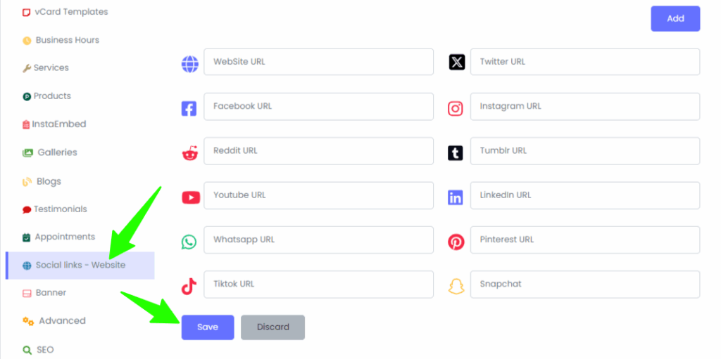 social media profiles to your digital business card