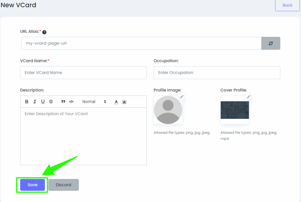 vcard name and description